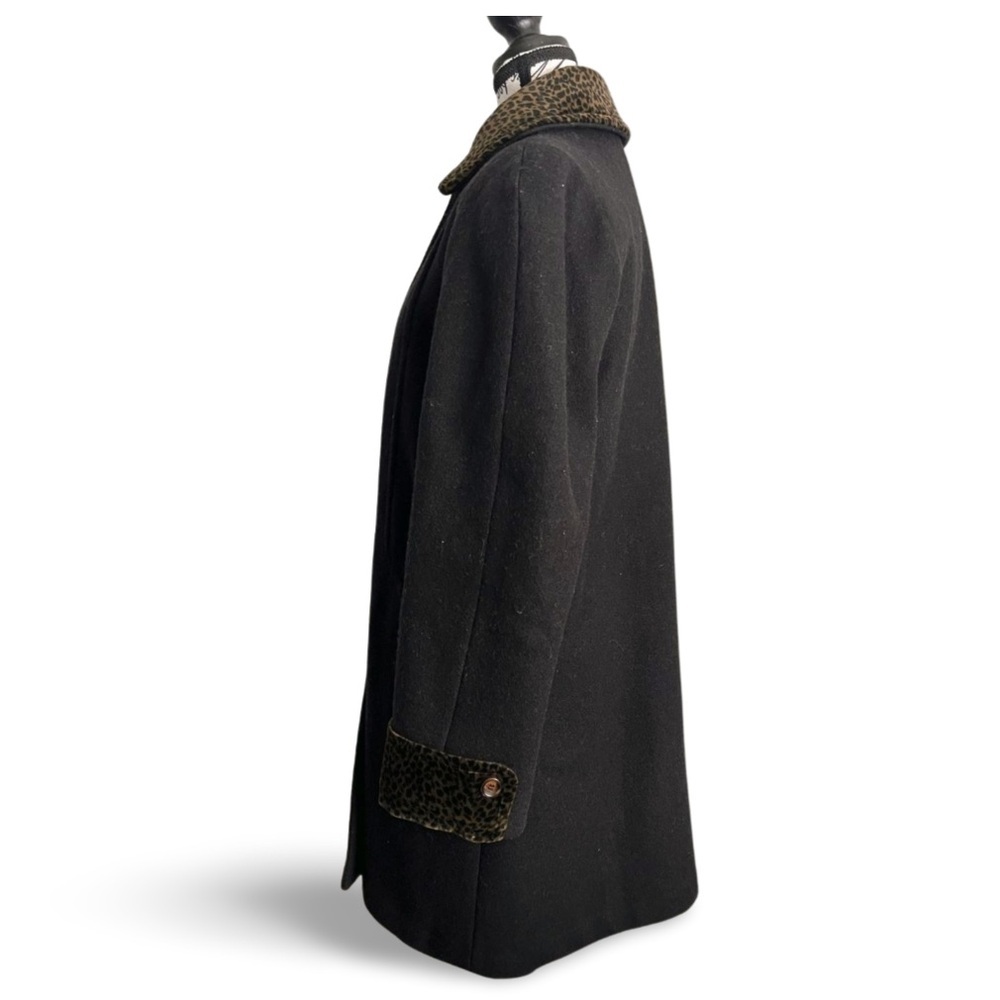 🇨🇦 90s Lindor Black Wool Coat with Leopard Collar And Cuff Size Medium (10) - Picture 4 of 7
